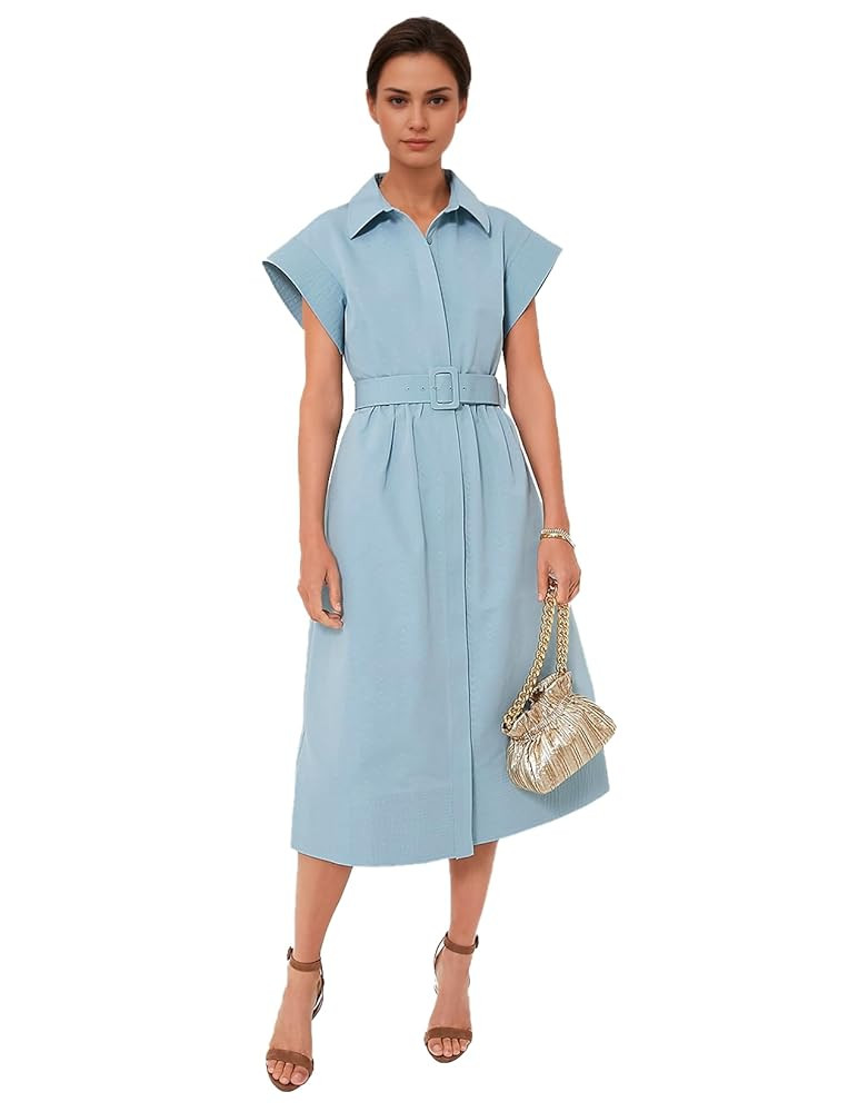 Women's Casual Button Shirt Dresses Short Sleeve Business Long Dresses Elegant Trench Coat with P... | Amazon (US)