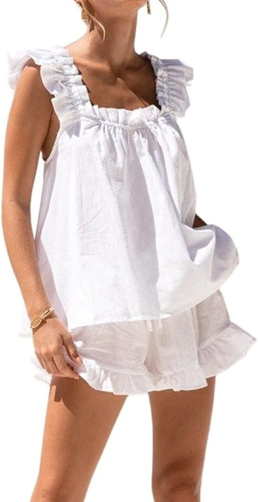 Womens Summer Pajama Sets 2 Piece Outfits Ruffle Trim Cami Top and Shorts Cotton Loungewear Set | Amazon (US)