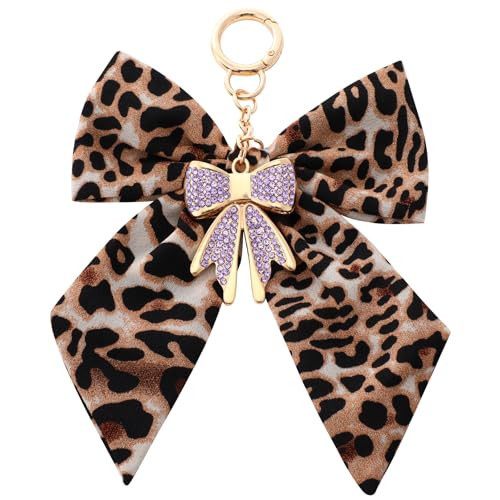 YAIYUQILIU Bow Keychain for Women, Rhinestone Pearl Bow Purse Charm - Cute Crystal Bag Charms for Backpacks Handbags Purses Accessories (Leopard purple) | Amazon (US)