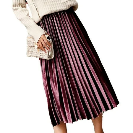 Women Midi Skirt Elastic High Waist Solid Color Loose Fit Long Skirt Pleated Velvet Autumn Winter Skirt | Walmart (US)