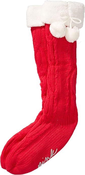 Victoria Secret Pink Sherpa Lined Cable Knit Slippers Socks Red Pepper | Amazon (US)