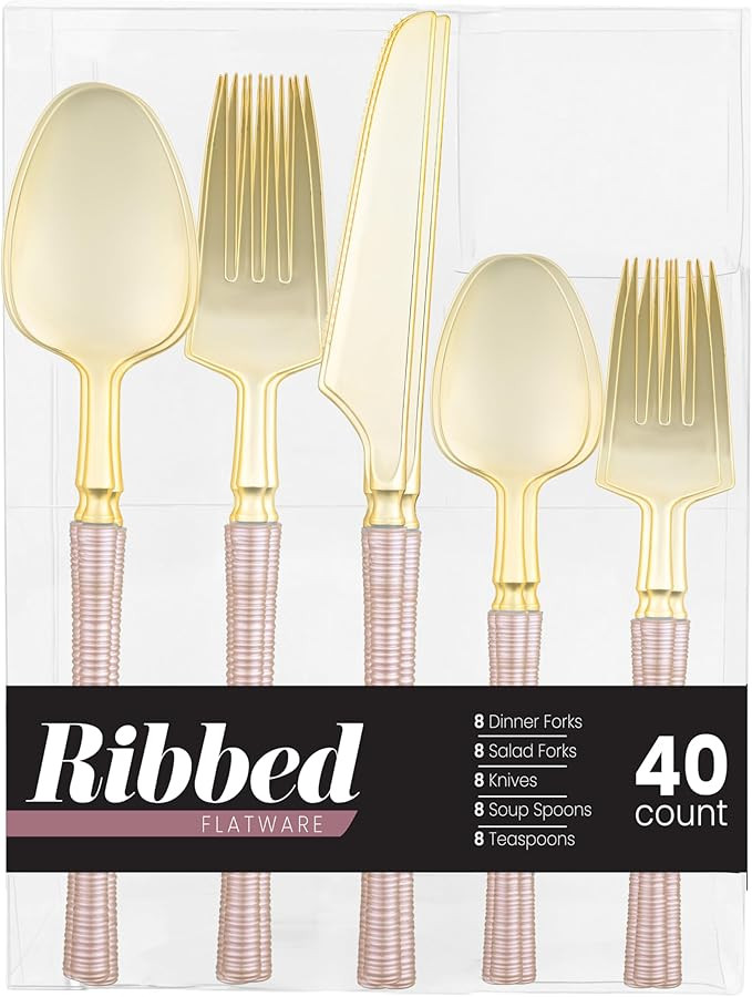 PLASTICPRO 40 Pieces Plastic Silverware Ribbed Elegant Premium Heavy Duty Pearl Pink & Gold Plast... | Amazon (US)