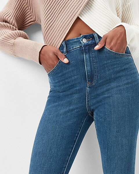 Super High Waisted FlexX Medium Wash Raw Hem Skinny Jeans | Express
