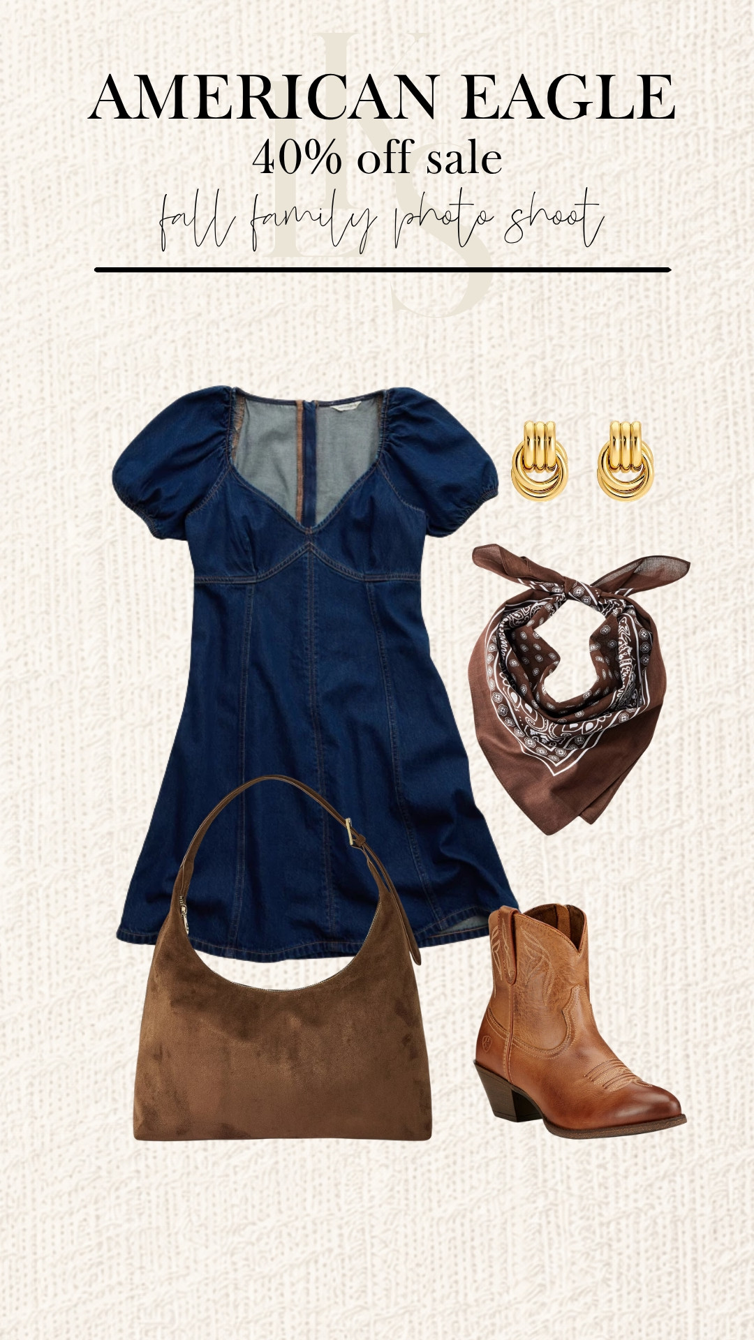 Fall family photo outfit inspo: a denim mini dress styled with brown western boots, a suede shoulder bag, a printed neck scarf, and gold hoops. 

Classic, warm, and photo-ready! American Eagle’s 40% off sale makes now the perfect time to find your look. 

 #LTKootd #LTKSeasonal #LTKSaleAlert