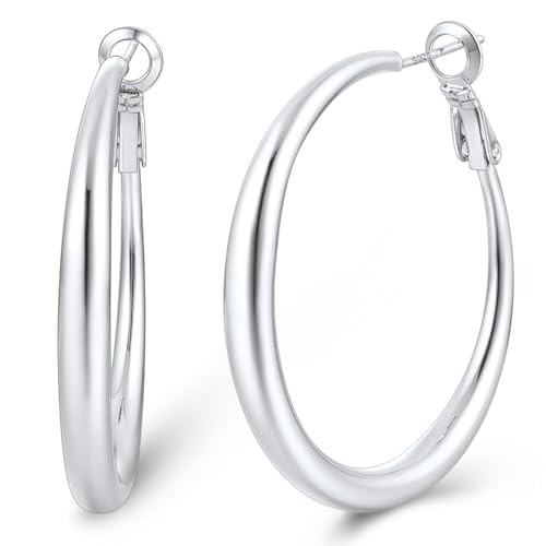 Jewlpire Medium 925 Sterling Silver Hoop Earrings for Women, Hypoallergenic Sterling Silver Hoop Earrings, 40mm Lightweight Hoop Earrings for Women Jewelry Gifts for Her | Amazon (US)