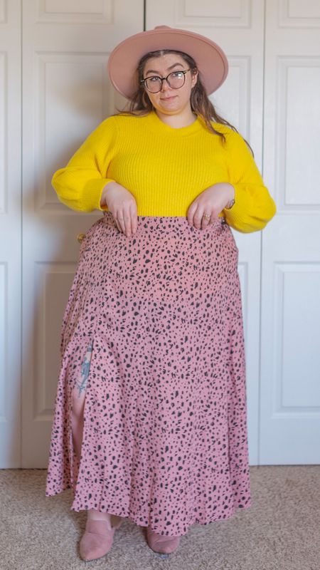 Plus size yellow and pink outfit yellow sweater pink animal print slip skirt slit skirt 

#LTKstyletip #LTKcurves #LTKfit