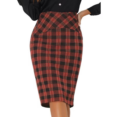 INSPIRE CHIC Women's Elastic High Waist Knee Length Plaid Pencil Skirt with Side Zipper Red Small | Target