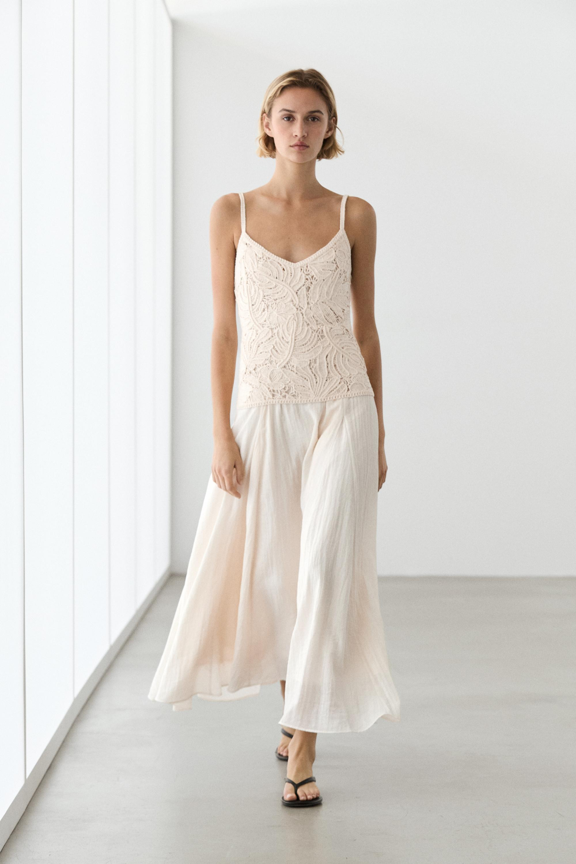 Long dress with contrast crochet detail | Massimo Dutti UK
