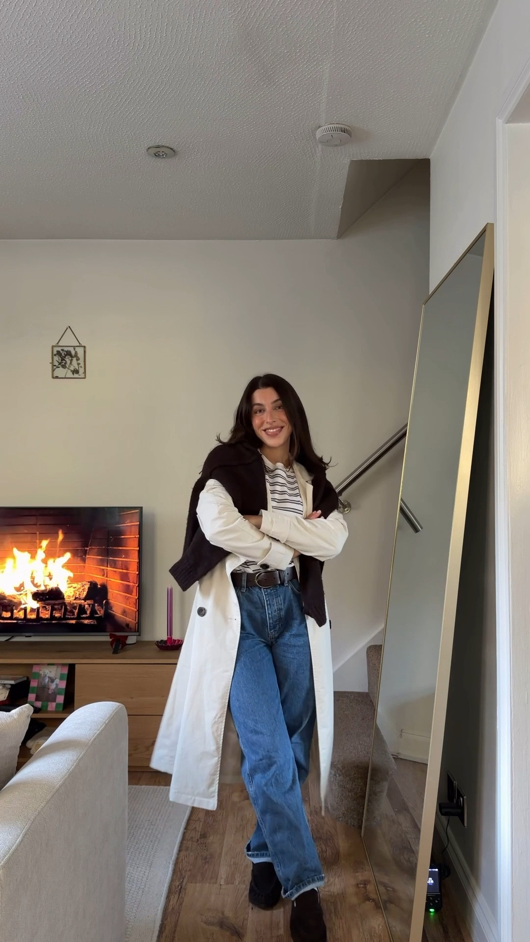 Petite style, ootd, outfit, simple outfit, stripe, long sleeve, denim jeans, blue jeans, brown loafers, brown knit, easy outfits, wardrobe, basics, essentials, winter, trench coat, autumn

#LTKwinter #LTKpetite #LTKuk