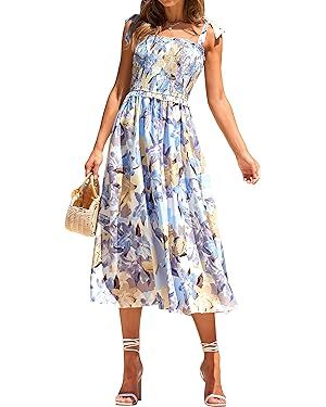 PRETTYGARDEN Womens 2023 Floral Summer Tie Strap Square Neck Smocked Ruffle Flowy Boho Maxi Dress | Amazon (US)