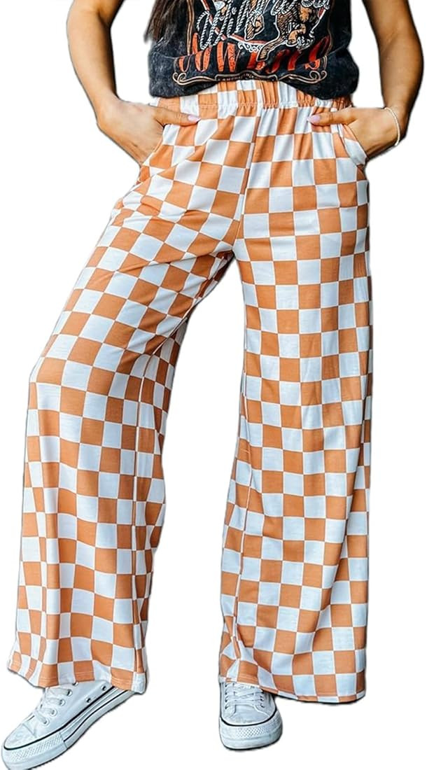 IWOLLENCE Women's Casual Loose Checkered Wide Leg Pants High Waist Straight Lounge Y2K Gingham Tr... | Amazon (US)