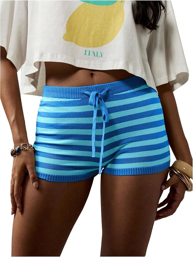 MakeMeChic Women's Striped Micro Mini Shorts Drawstring Low Rise Summer Casual Shorts | Amazon (US)