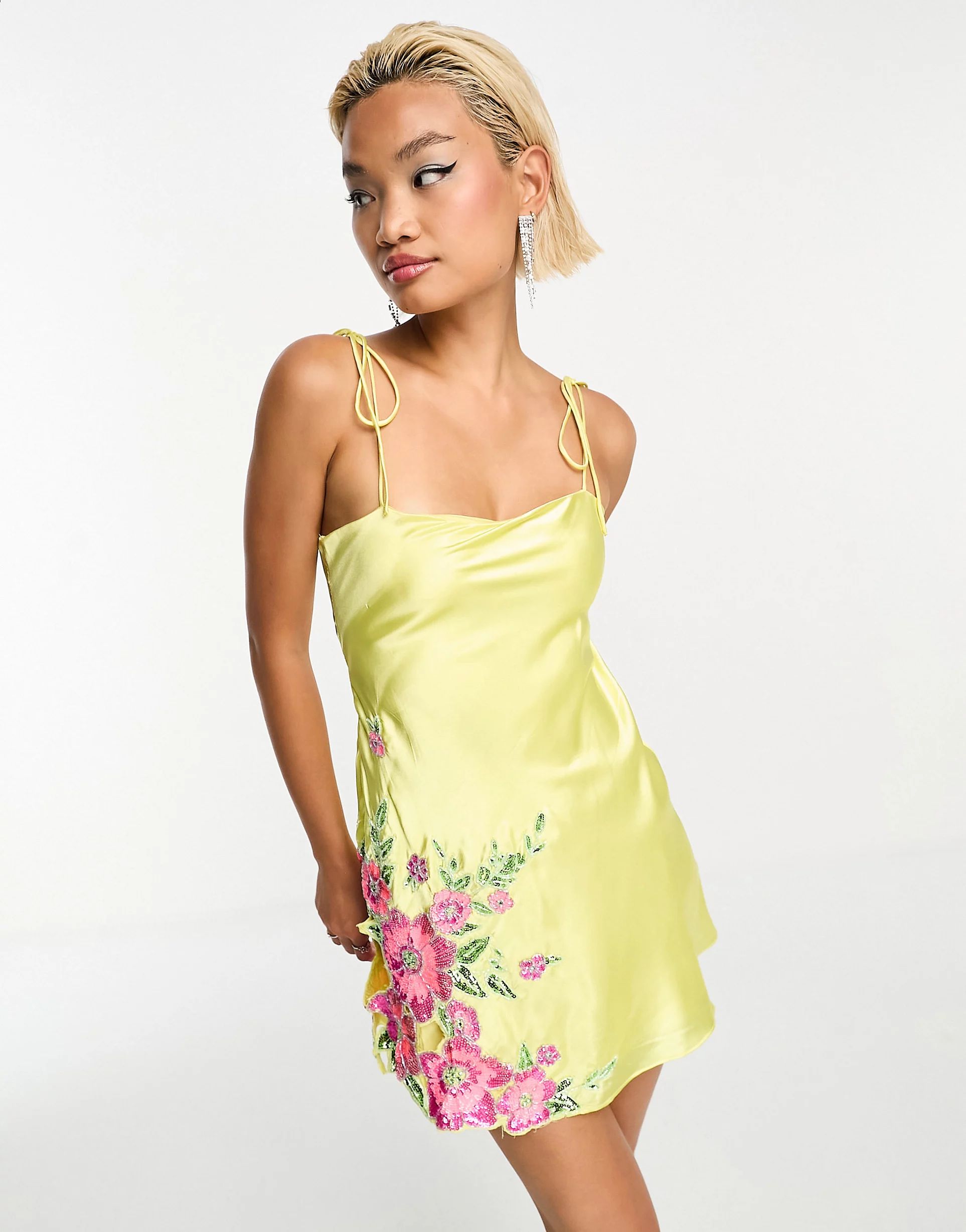 ASOS DESIGN embellished floral applique satin mini dress in yellow | ASOS (Global)