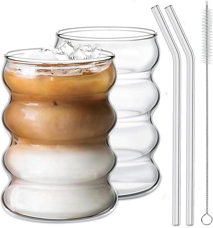 2 Pcs Drinking Glasses with Glass Straw 14oz Glassware Set,Cocktail Glasses,Iced Coffee Glasses,B... | Amazon (US)