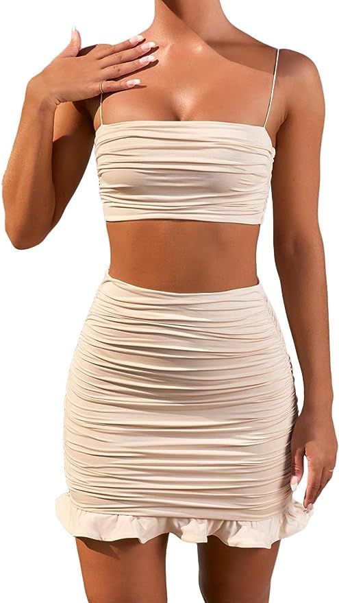 Ohvera Women's 2 Piece Outfits Sexy Tank Top Ruched Bodycon Dress Sets | Amazon (US)