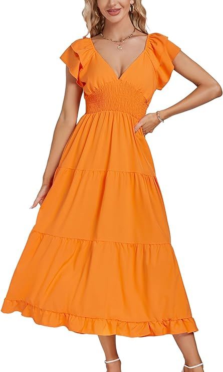 LYANER Women’s V Neck Shirred Waist Layered Ruffle Sleeve Swing Flowy A-Line Maxi Dress | Amazon (US)