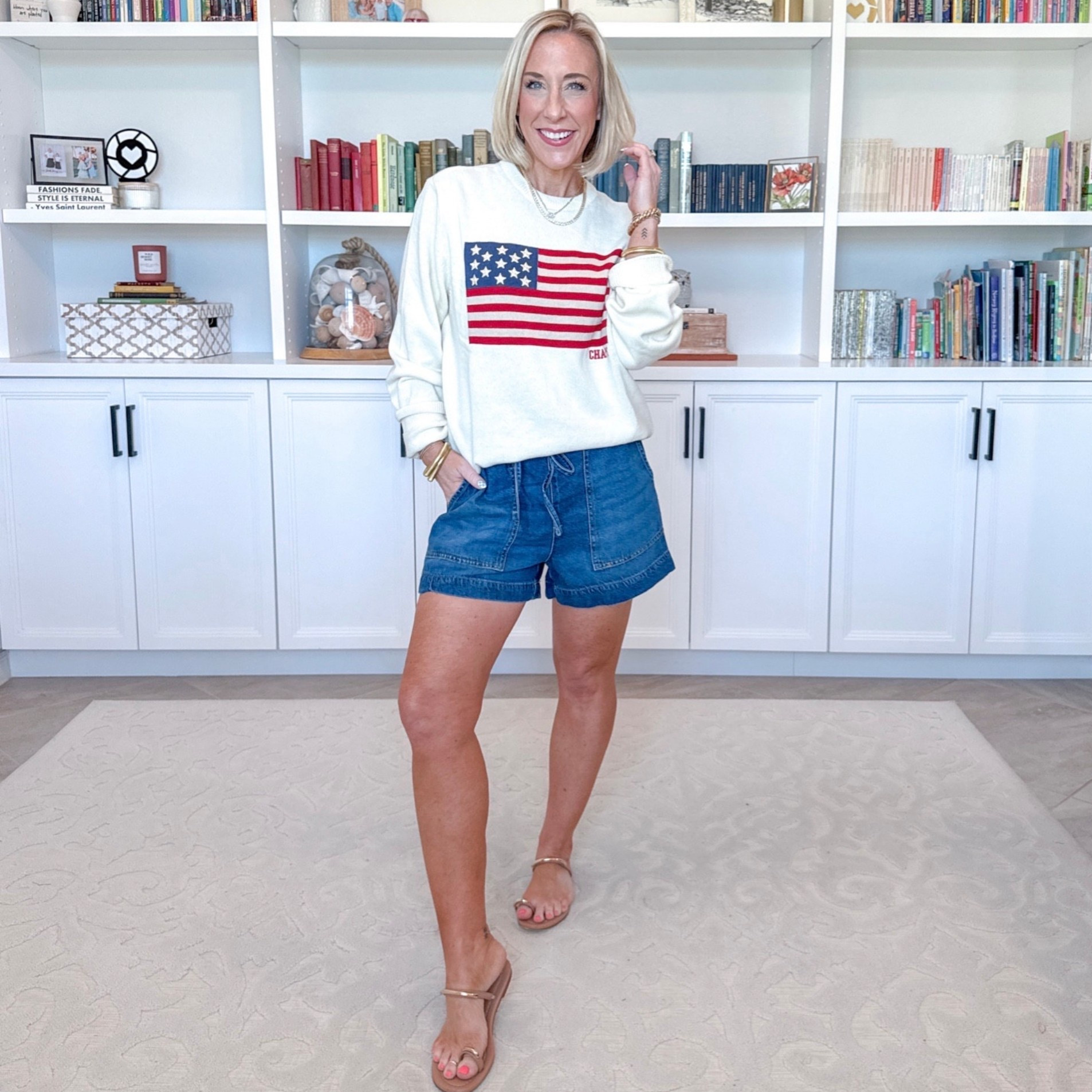 Walmart - red, white & blue finds. Flag Crewneck Sweater (MENS) - size Medium. $ varies according to size/color. 3 colors. * Drapey Utility Shorts, 4" Inseam - size XS. $22.98. 4 colors. 

 

#LTKSeasonal #LTKOver40