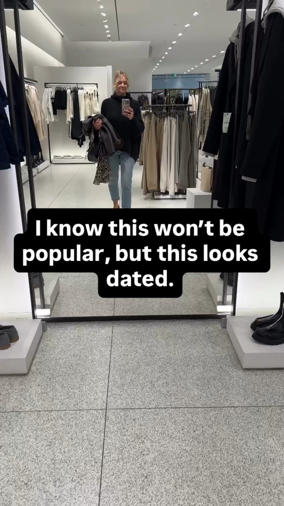 Skinny jeans aren’t the issue — how they’re being styled is.

When ultra-skinny, ankle-length jeans stop right above the boot, the outfit gets stuck in a very specific era. The cropped break + tight silhouette + short boot combo is what dates the look, not the denim itself.

Modern winter outfits usually work better with:
• a longer hem
• a wider leg
• or a boot that visually connects to the pant

This is one of those small tweaks that instantly makes outfits feel current again — without buying a whole new wardrobe.