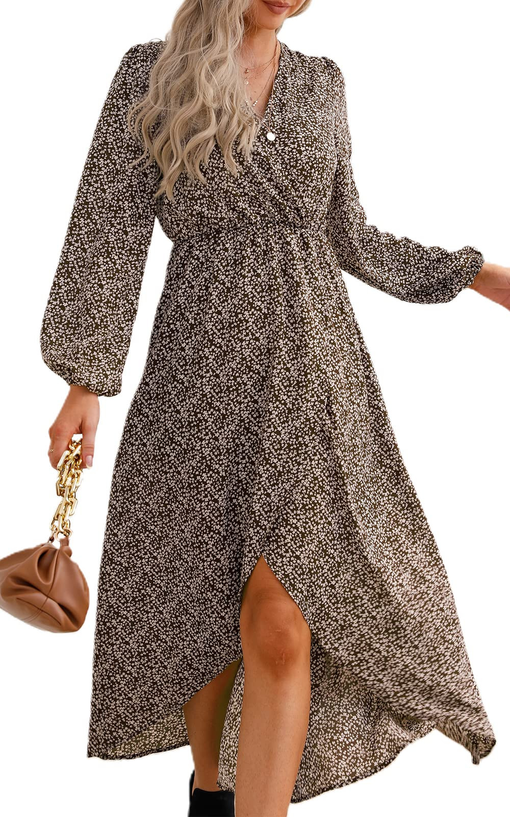 PRETTYGARDEN Women’s Long Sleeve Bohemian Dress V-Neck Floral Print High Split Tie Wrap Midi Flowy D | Amazon (US)