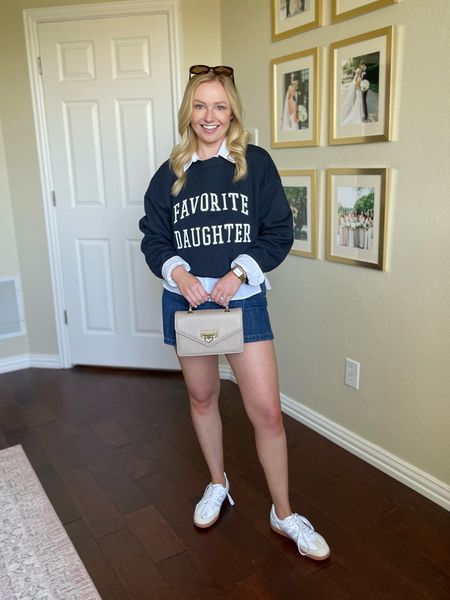 Wearing a 2 in skort, sized up to a S in sweatshirt for oversized fit! | denim skort, spring outfit, white button up, casual outfit, preppy outfit, sneakers outfit, white sneakers, adidas samba, favorite daughter 

#LTKSeasonal #LTKfindsunder100 #LTKstyletip
