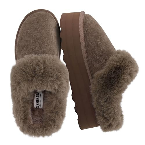 CUSHIONAIRE Husky Women’s Platform Slippers | Genuine Suede, Faux Fur Lining, Memory Foam, Wide Widths | Fuzzy Platform Slippers for Women | Taupe 9.5 | Amazon (US)