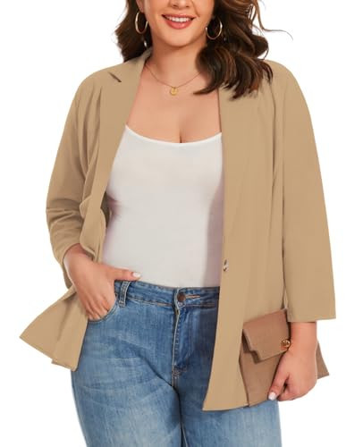 MINTLIMIT Womens Plus Size Blazer Jacket Fashion Casual Elegant Fitted Notch Lapel Open Front Work Suit with Pockets (Light Khaki, Size 4XL) | Amazon (US)