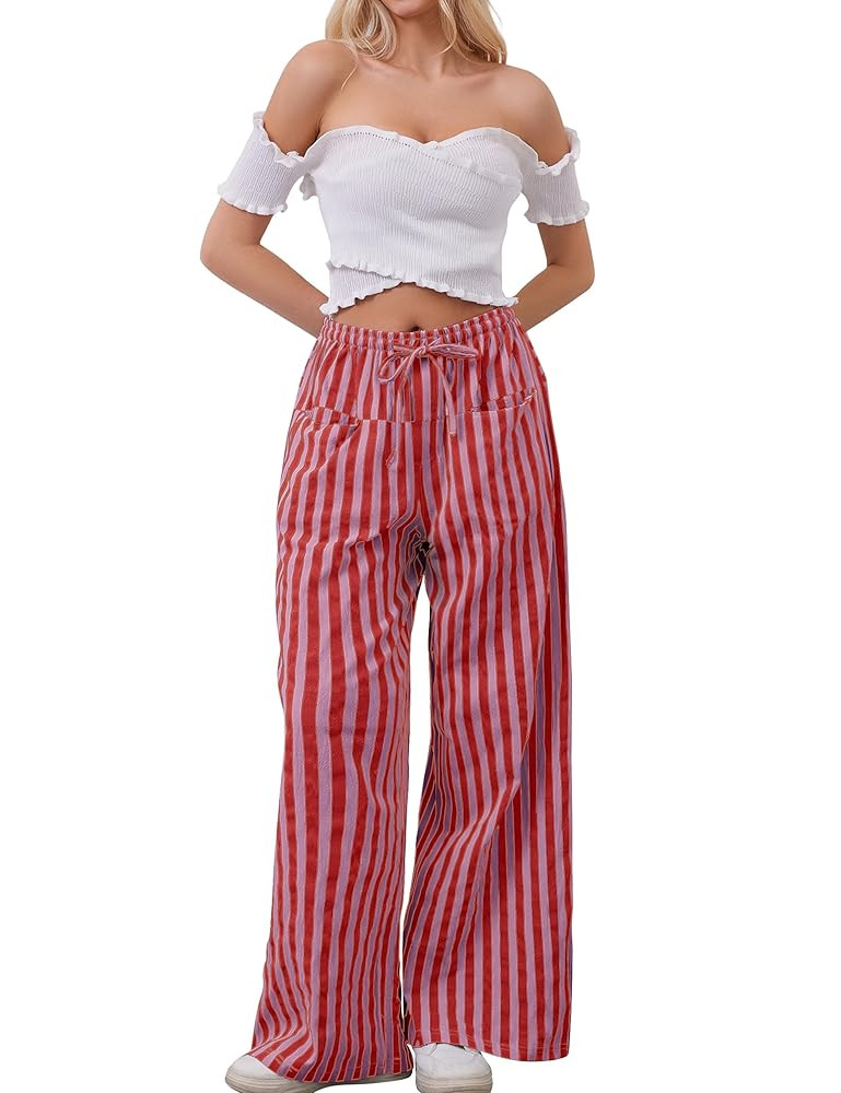 Women Drawstring Stripe Wide Leg Casual Trousers Striped Low Rise Casual Loose Lounge Pants with ... | Amazon (US)