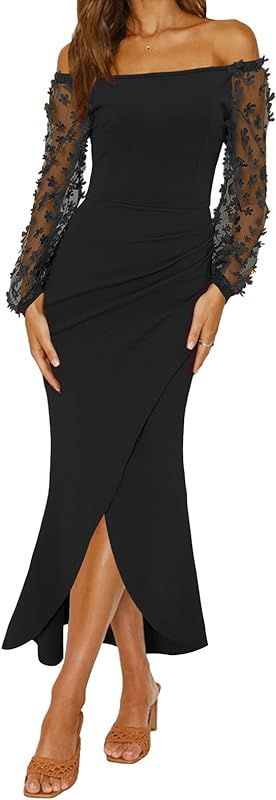 BTFBM Women Elegant Off Shoulder Dresses Sheer Long Sleeve Mesh Ruched Wrap Split Bodycon Maxi Cockt | Amazon (US)