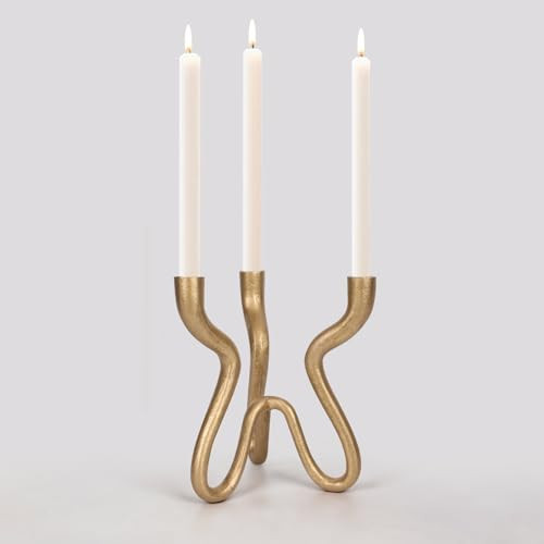 Triple Candle Holder Candelabra - Cast Iron Metal Taper Candlestick Stand with Antique Brass Finish - Elegant Wedding Centerpiece for Home, Dining, Event Decor | Amazon (US)