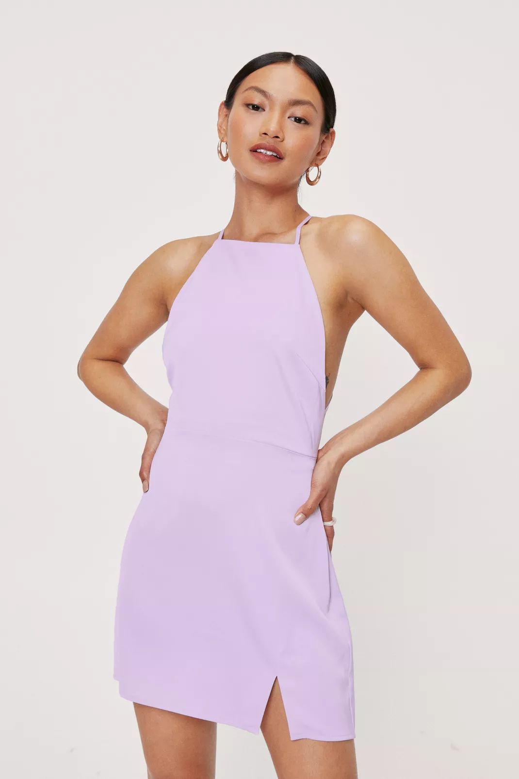 Petite Satin Cross Back Split Hem Mini Dress | Nasty Gal (US)