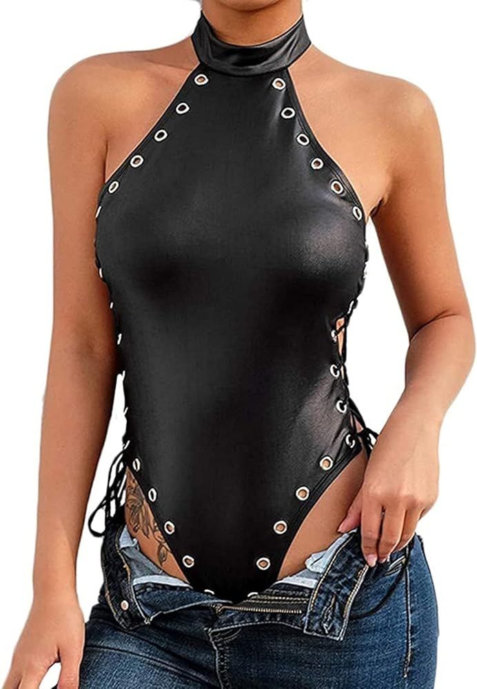 Women's Sexy Lingerie Leather Sleepwear Cosplay Dress Bodysuit Gift for Girlfriend, Clubwear | Amazon (US)