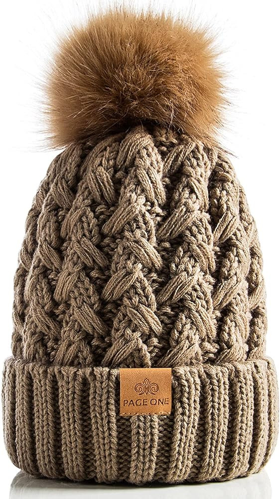 PAGE ONE Womens Winter Ribbed Beanie Crossed Cap Chunky Cable Knit Pompom Soft Warm Hat | Amazon (US)