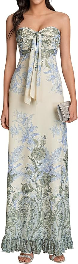 KUTUMAI Strapless Floral Maxi Dress Elegant Tube Mesh Bodycon Ruffle Long Beach Wedding Guest Dre... | Amazon (US)