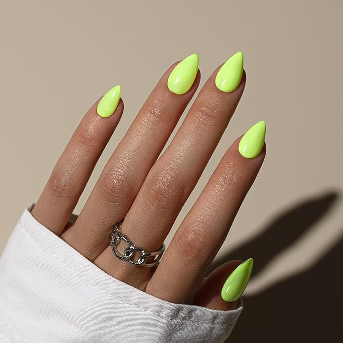 KQueenest Neon Green Press On Nails Short - Acrylic Press On Nails Almond, Sheer Bright Lime Gree... | Amazon (US)