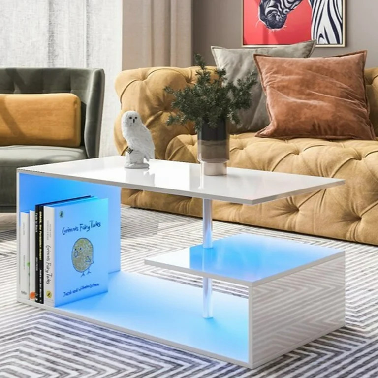 Hommpa High Gloss White Coffee Table with LED Lights Open Shelf Smart APP Control S Shaped Modern... | Walmart (US)