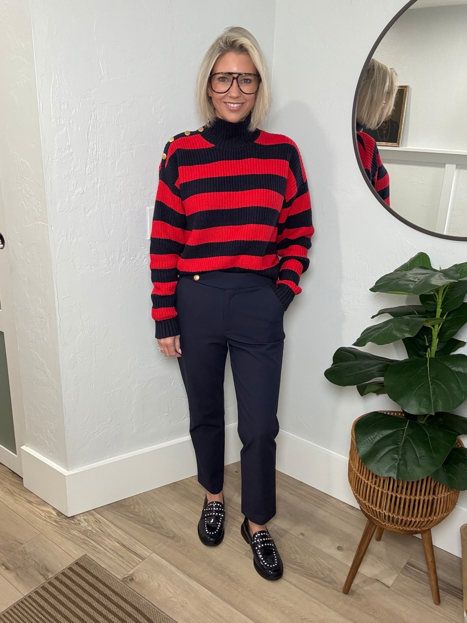 Red & Navy is such a fun combo! 

This sweater is from Free Assembly at Walmart. I’m wearing a small. I love the gold button detail at the shoulder. Adds a fun elevated feel. It’s a mock neck and the texture is heavier knit sweater but not overbearing. 

My pants are from Quince. They’re the scuba dress pant. I’m wearing a 6. 

#LTKWorkwear #LTKFindsUnder100 #LTKOver40