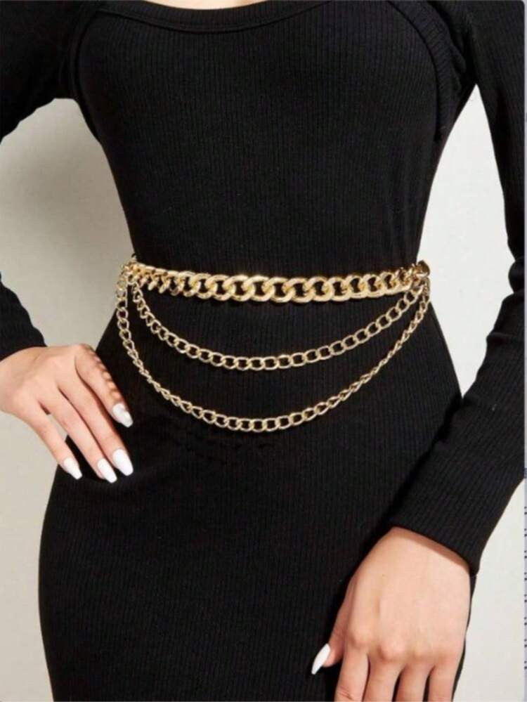 1pc Minimalist Women Gold 3-Layer Chain Elastic Waist Belt Dress Accessory, Suitable For Daily, Party, Vacation Wear | SHEIN