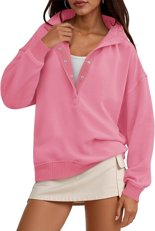 Fisoew Womens Oversized Sweatshirts Casual Long Sleeve Snap Button Henley Neck Loose Fit Fall Pul... | Amazon (US)