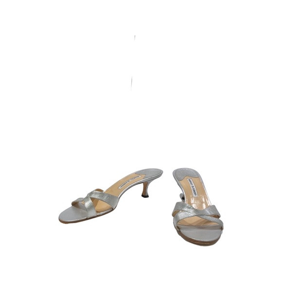 Manolo Blahnik Silver Lizard Callamu Crisscross Sandal with Kitten Heel, Size 41 | Poshmark