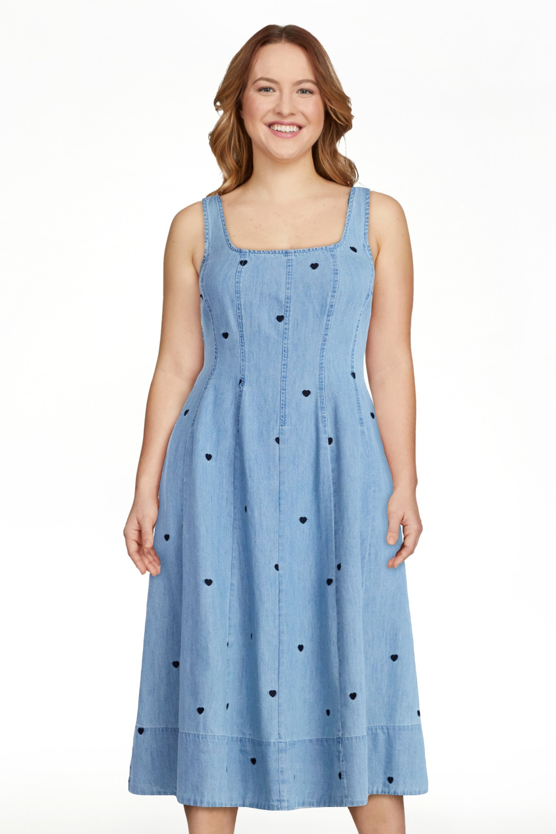 Free Assembly Women's and Women's Plus Embroidered Hearts Denim Panel Midi Dress, Sizes XS- 4X | Walmart (US)