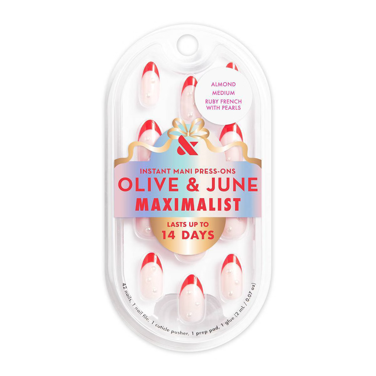 Olive & June Press-On Fake Nails - Maximalist - M Almond - Ruby French with Pearls - 42ct | Target