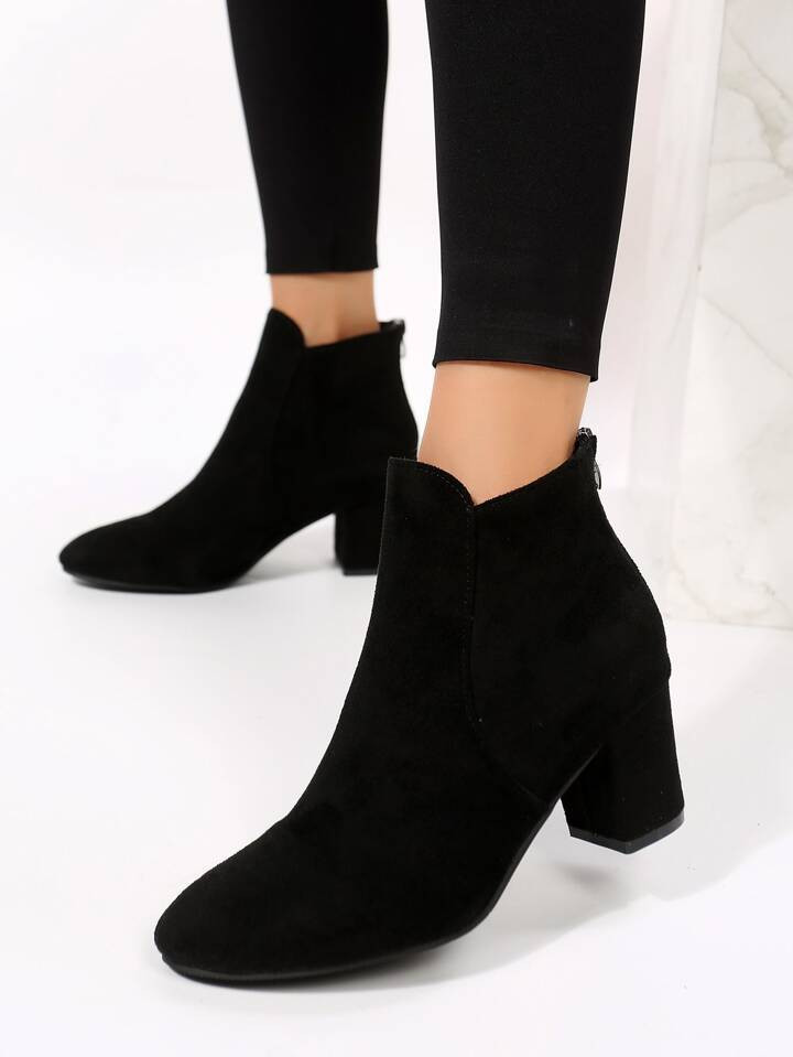Elegant Black Solid Color Women's Fashion Boots, Faux Suede, Pointed Toe, Thick Heel, Classic Sty... | SHEIN