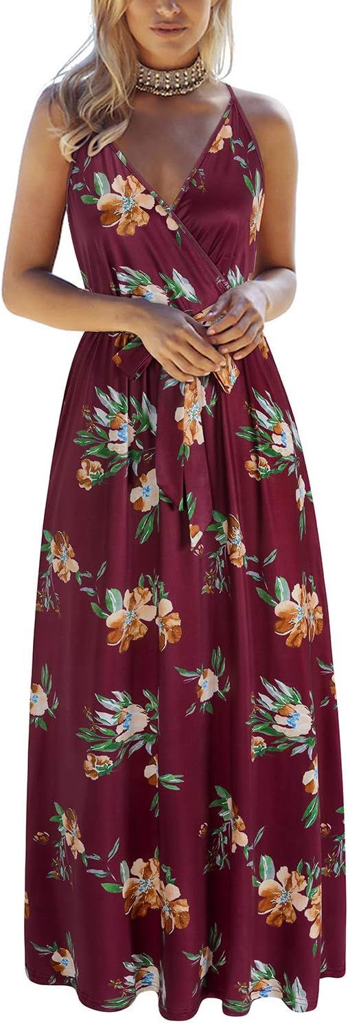 OUGES Womens Summer Deep V Neck Floral Adjustable Spaghetti Strap Beach Maxi Dress | Amazon (US)