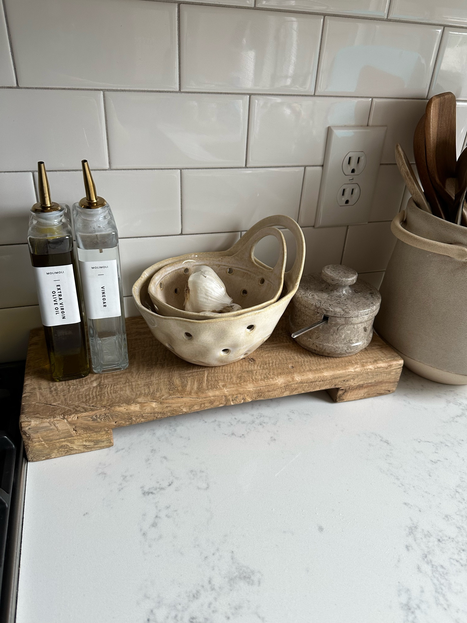 Kitchen counter styling, wood trivet, wood riser, garlic keeper, salt cellar, aesthetic oil dispensers 

#LTKSaleAlert #LTKHome #LTKFindsUnder50