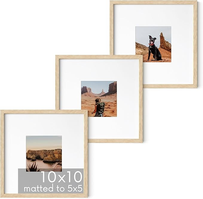 HAUS AND HUES Beige Oak Wood 10x10 Picture Frames - Set of 3, Square Frames with Mat, Modern Fram... | Amazon (US)