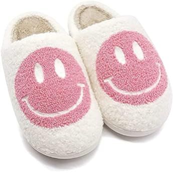 Smiley Face Slippers for Women and Men Retro Soft Fluffy Warm Home Non-Slip Couple Style Casual Shoe | Amazon (US)