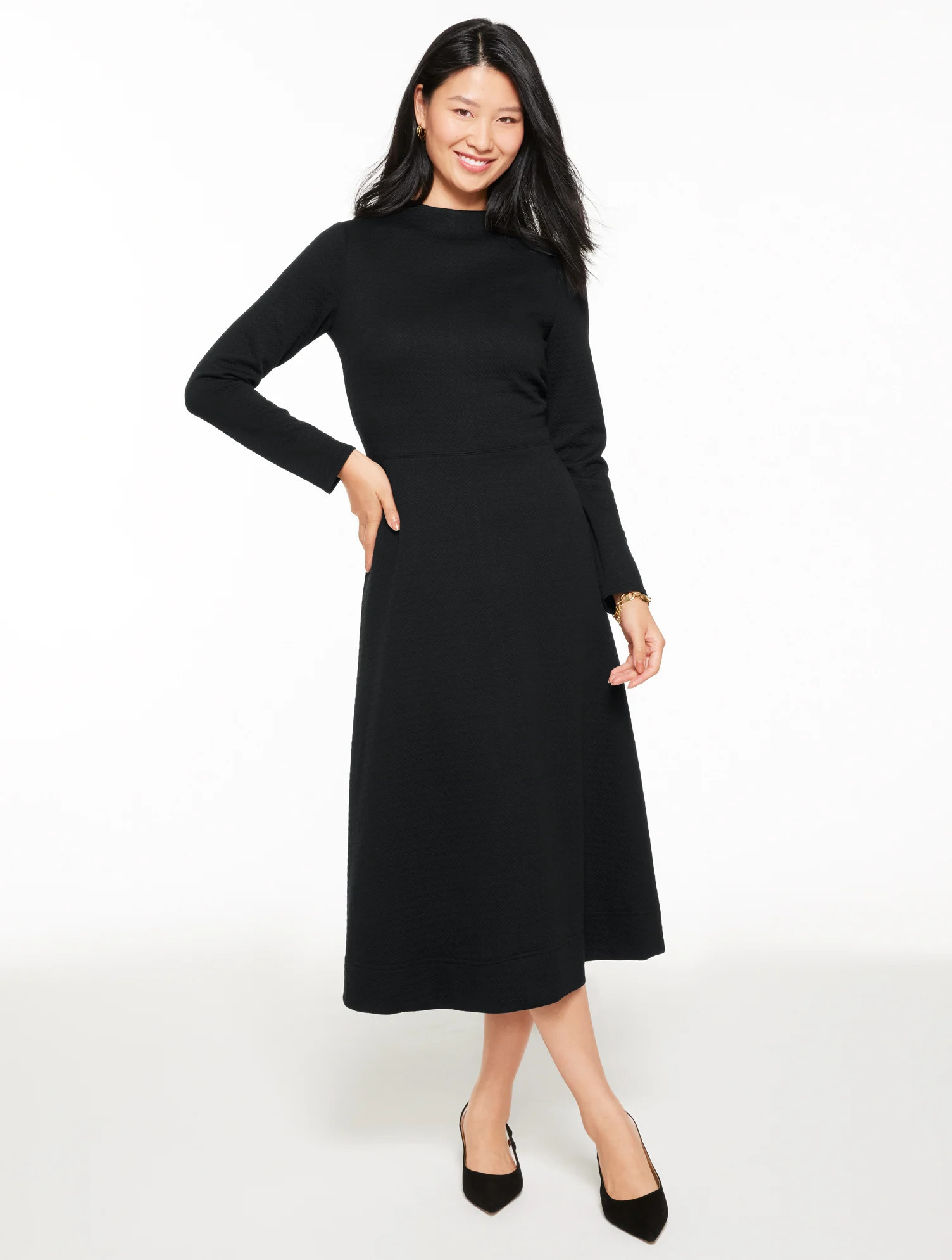 Plus Size - Diamond Jacquard Fit & Flare Midi Dress - Black - 22 Talbots | Talbots