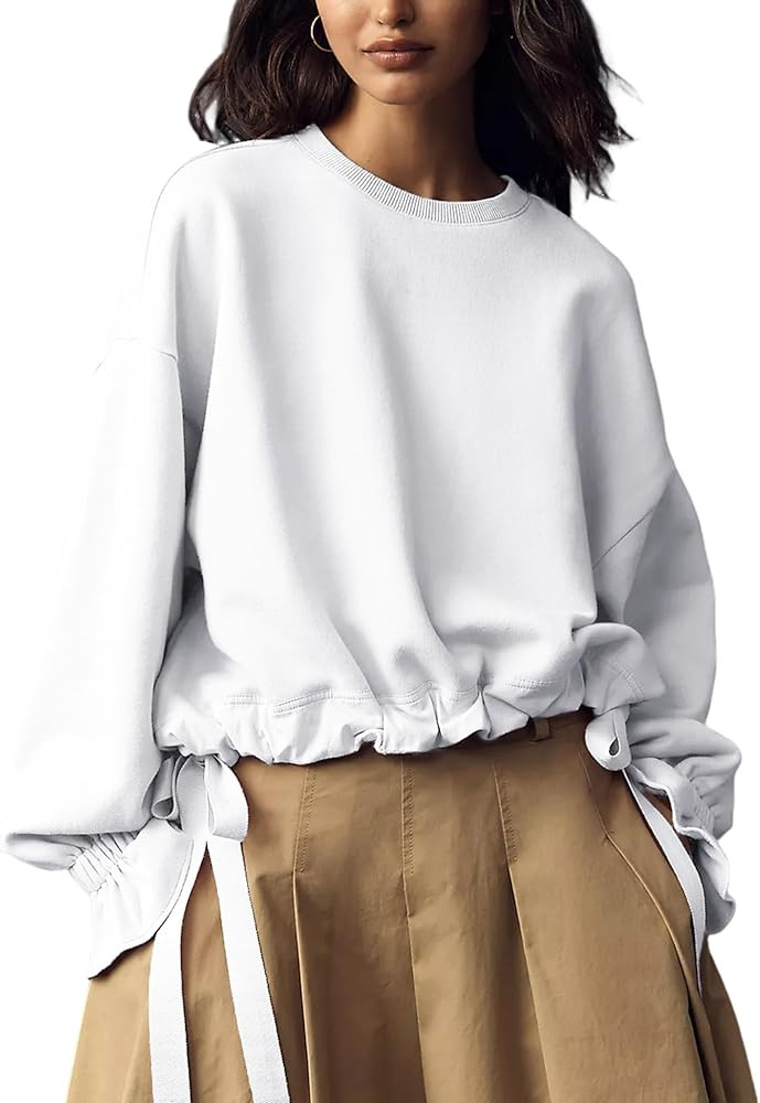 Women's Tie Up Sweatshirt Long Sleeve Crewneck Balloon Shirt Oversized Casual Drawstring Hem Pull... | Amazon (US)