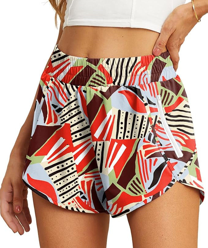 PrinStory Women's Running Shorts Summer High Waisted Quick Dry Athletic Work Out Gym Zipper Pocke... | Amazon (US)