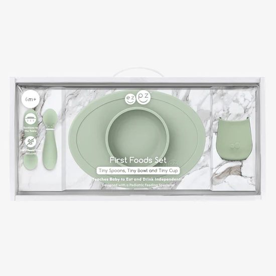 First Foods Set / Silicone Spoon, Cup & Suctioning Bowl for Infants | ezpz